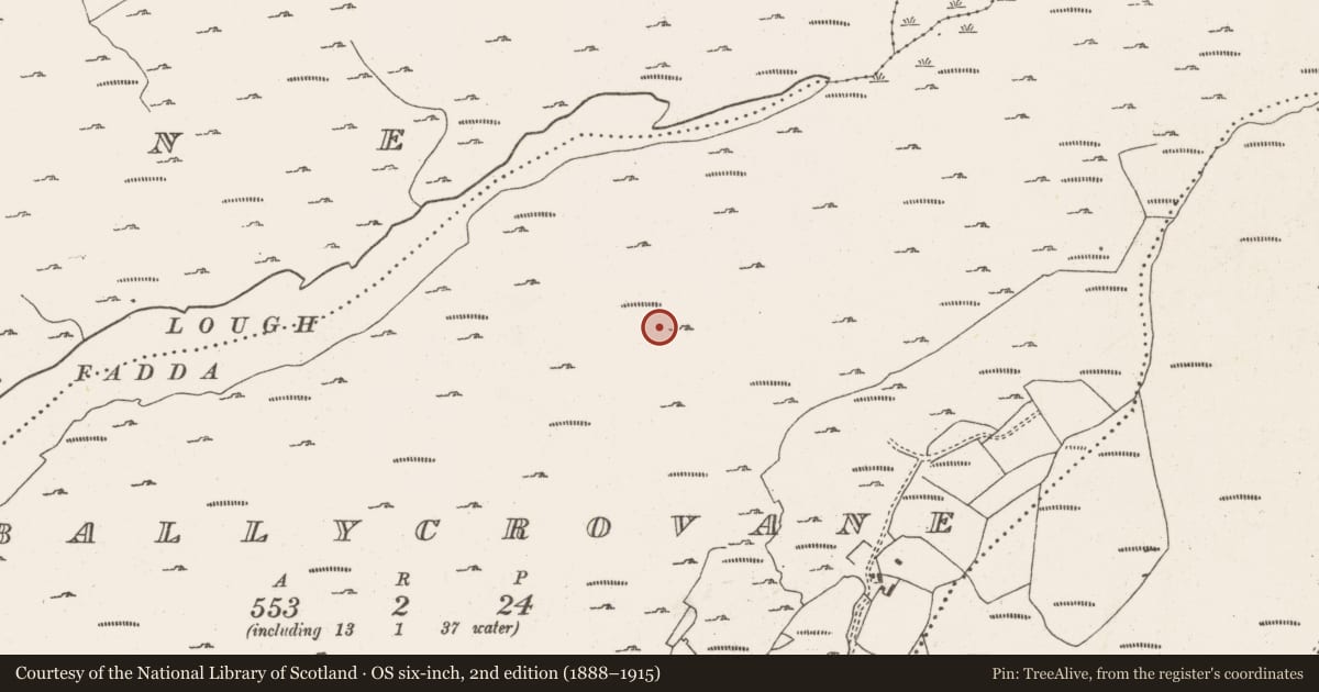 Ordnance Survey six-inch map, 2nd edition (1888–1915) covering the location of Enclosure, Ballycrovane, County Cork, with a pin at the register's coordinates