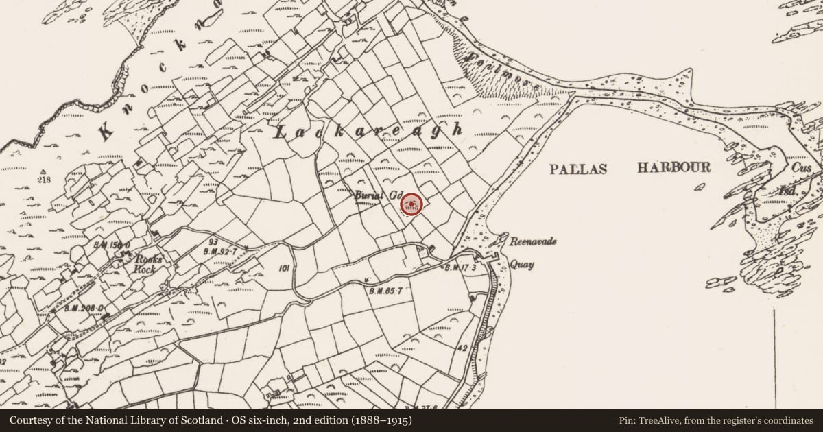 Ordnance Survey six-inch map, 2nd edition (1888–1915) covering the location of Burial ground, Ardgroom Inward, County Cork, with a pin at the register's coordinates
