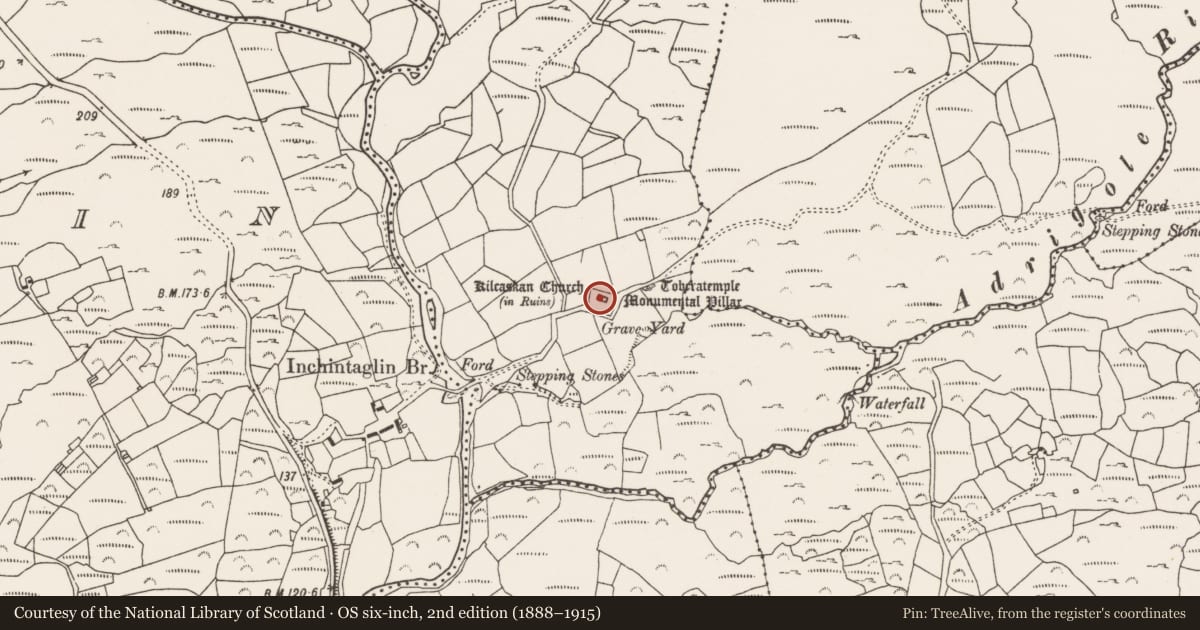 Ordnance Survey six-inch map, 2nd edition (1888–1915) covering the location of Church, Kilcaskan, County Cork, with a pin at the register's coordinates