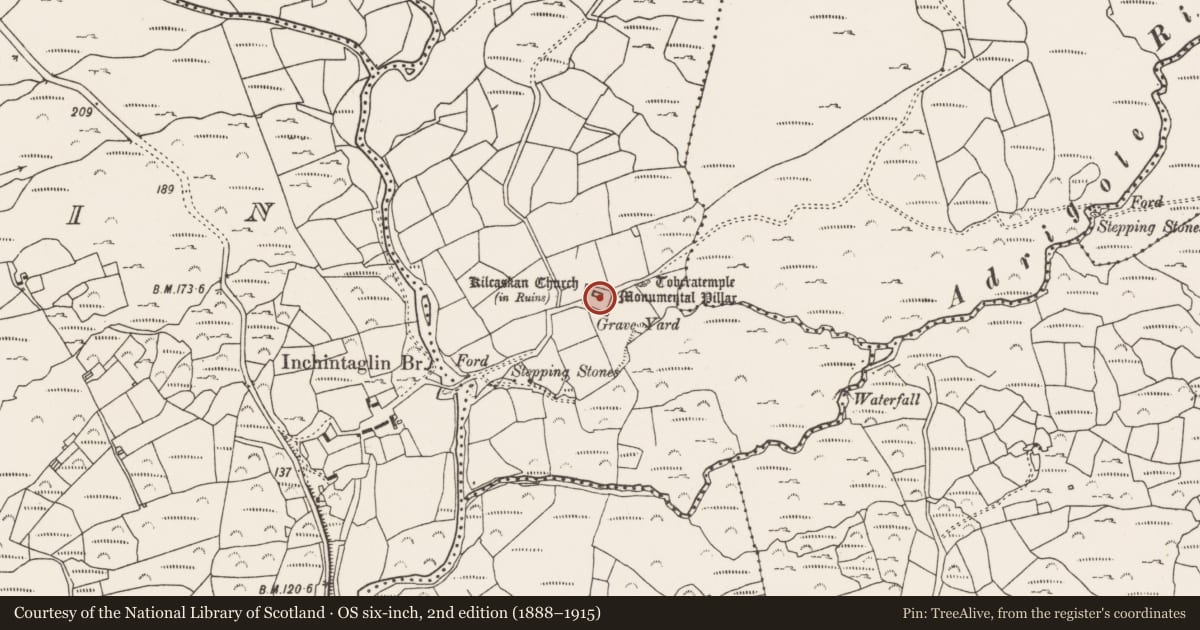 Ordnance Survey six-inch map, 2nd edition (1888–1915) covering the location of Ogham stone, Kilcaskan, County Cork, with a pin at the register's coordinates