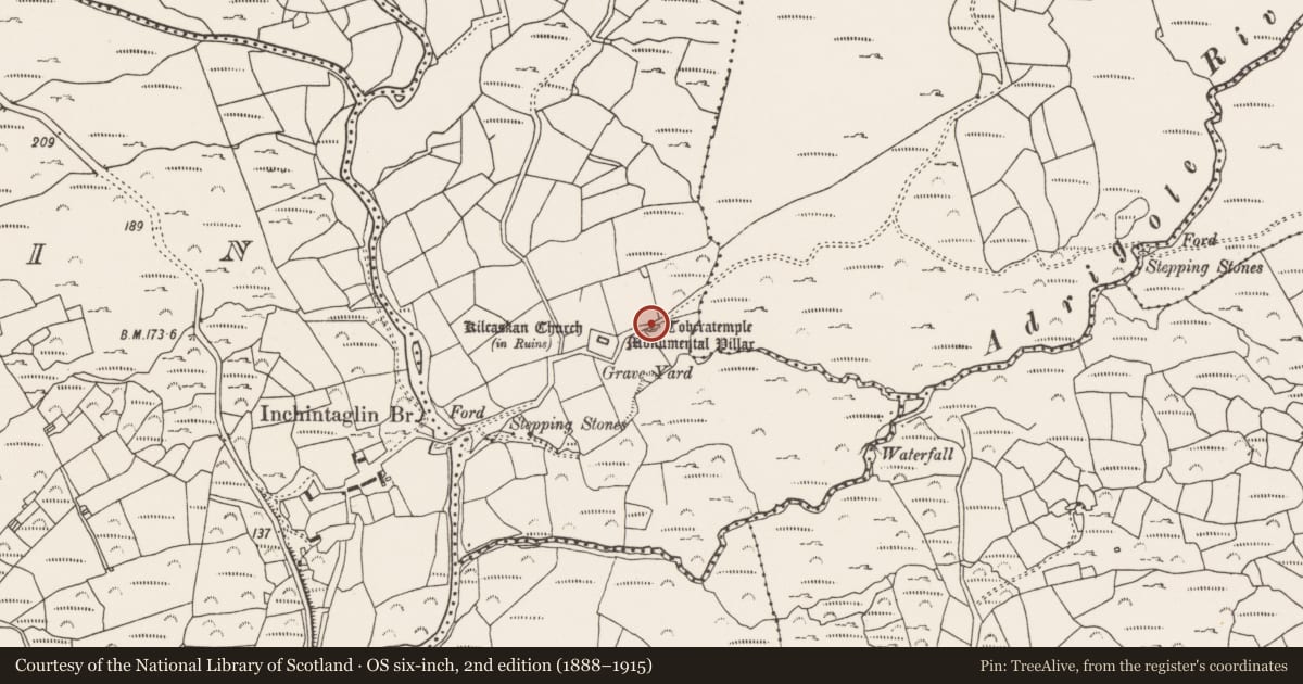 Ordnance Survey six-inch map, 2nd edition (1888–1915) covering the location of Bullaun stone, Kilcaskan, County Cork, with a pin at the register's coordinates