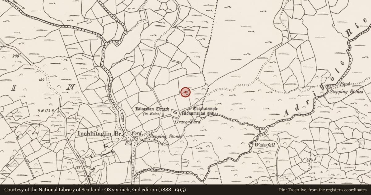 Ordnance Survey six-inch map, 2nd edition (1888–1915) covering the location of Ringfort - rath, Kilcaskan, County Cork, with a pin at the register's coordinates