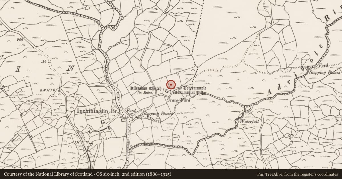 Ordnance Survey six-inch map, 2nd edition (1888–1915) covering the location of Hut site, Kilcaskan, County Cork, with a pin at the register's coordinates