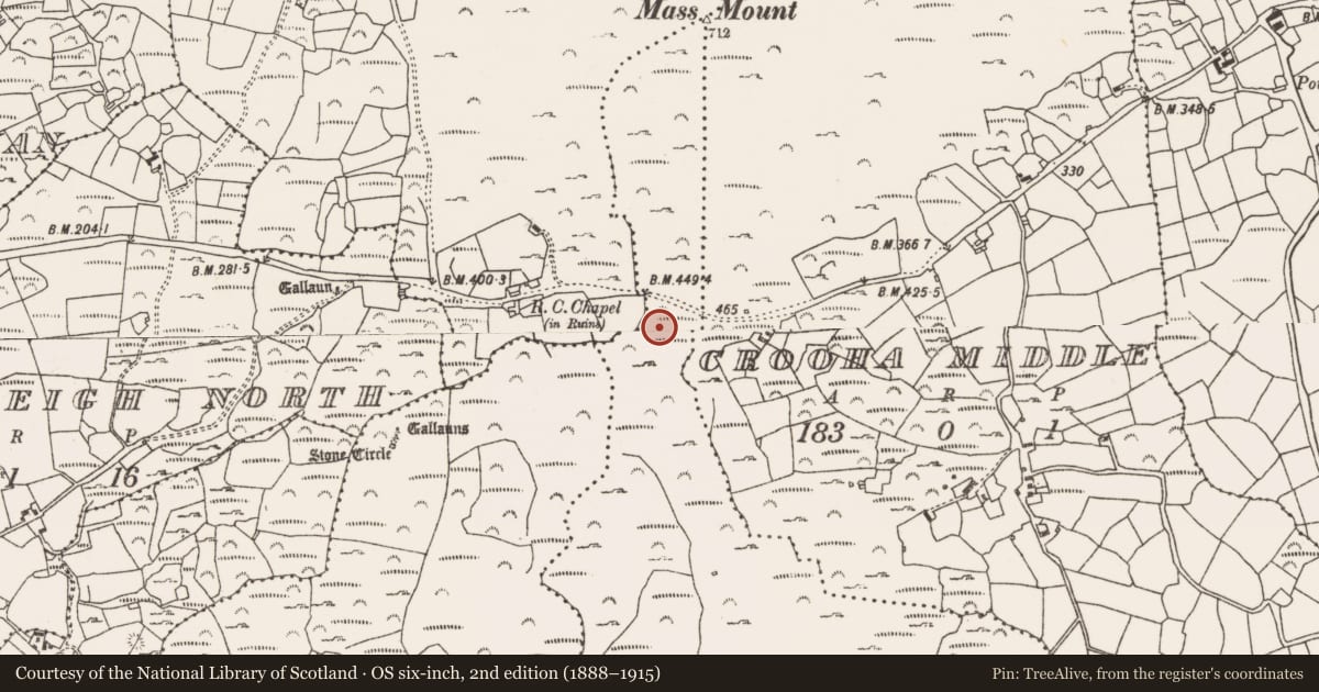 Ordnance Survey six-inch map, 2nd edition (1888–1915) covering the location of Cross-inscribed stone, Crooha West, County Cork, with a pin at the register's coordinates