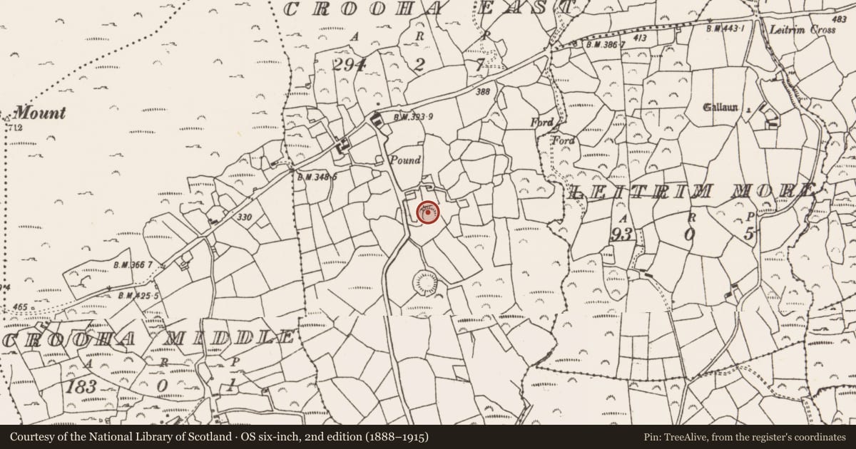 Ordnance Survey six-inch map, 2nd edition (1888–1915) covering the location of Ringfort - rath, Crooha East, County Cork, with a pin at the register's coordinates
