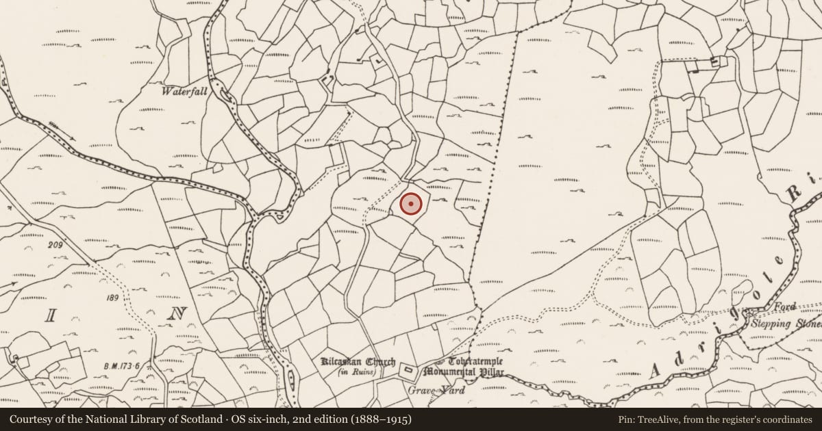 Ordnance Survey six-inch map, 2nd edition (1888–1915) covering the location of Stone row, Kilcaskan, County Cork, with a pin at the register's coordinates