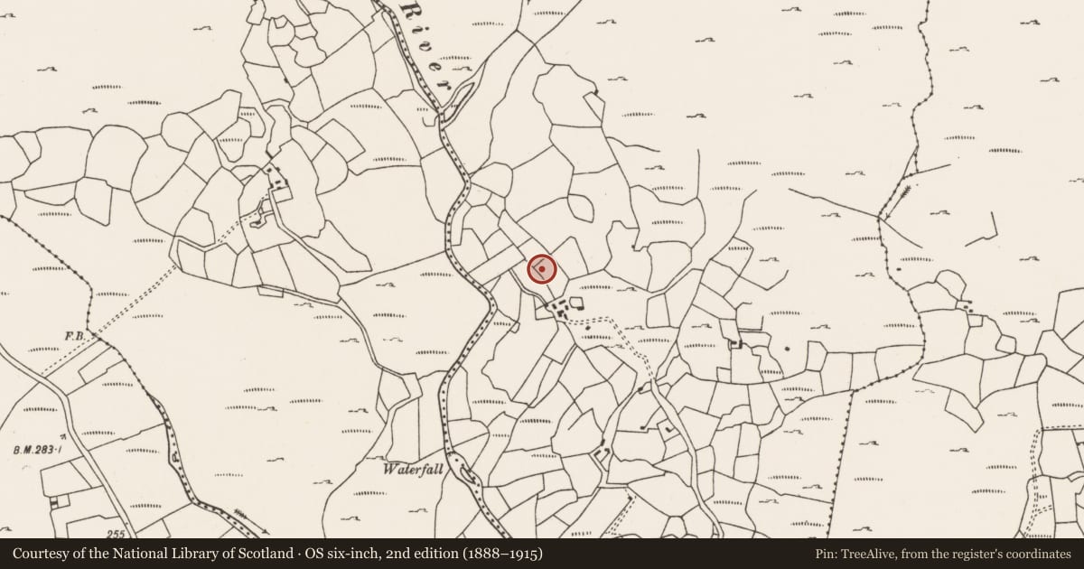 Ordnance Survey six-inch map, 2nd edition (1888–1915) covering the location of Burnt mound, Kilcaskan, County Cork, with a pin at the register's coordinates