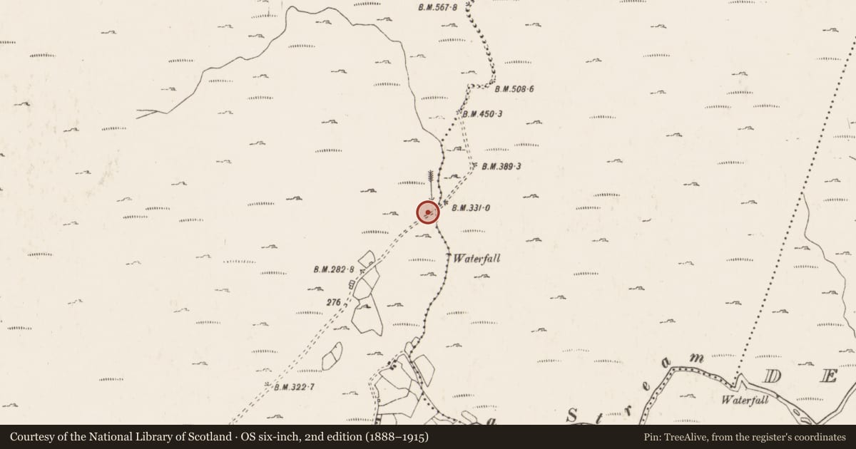 Ordnance Survey six-inch map, 2nd edition (1888–1915) covering the location of Bridge, Coorannel, Derrynafulla, County Cork, with a pin at the register's coordinates