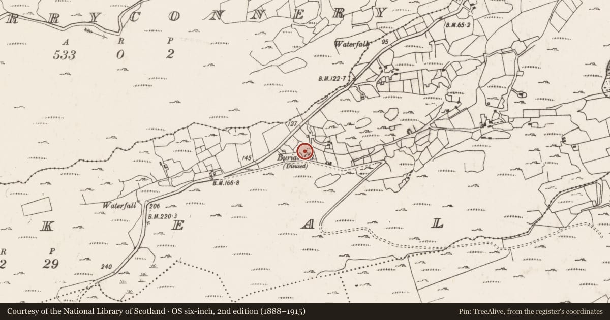 Ordnance Survey six-inch map, 2nd edition (1888–1915) covering the location of Burial ground, Furkeal, County Cork, with a pin at the register's coordinates