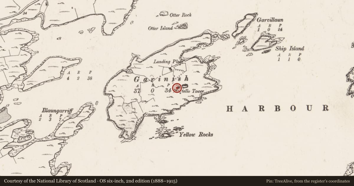 Ordnance Survey six-inch map, 2nd edition (1888–1915) covering the location of Martello tower, Garinish (Bear By., Kilcaskan Par.), County Cork, with a pin at the register's coordinates