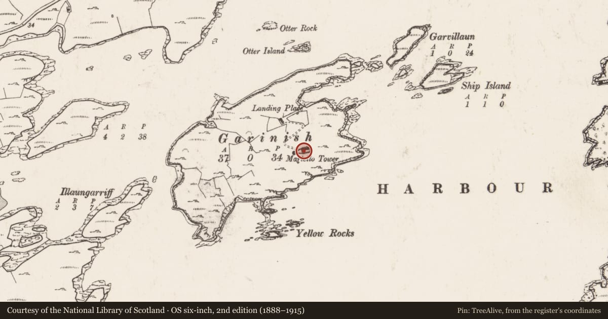 Ordnance Survey six-inch map, 2nd edition (1888–1915) covering the location of Enclosure, Garinish (Bear By., Kilcaskan Par.), County Cork, with a pin at the register's coordinates