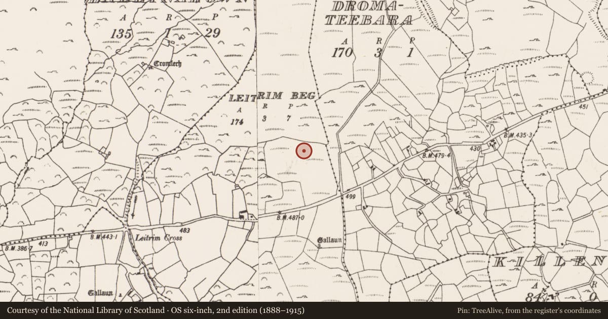 Ordnance Survey six-inch map, 2nd edition (1888–1915) covering the location of Field boundary, Leitrim Beg, County Cork, with a pin at the register's coordinates