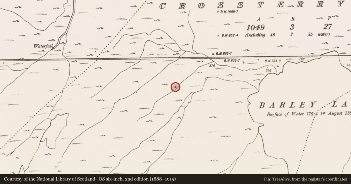Ordnance Survey six-inch map, 2nd edition (1888–1915) covering the location of Hut site, Crossterry West, County Cork, with a pin at the register's coordinates