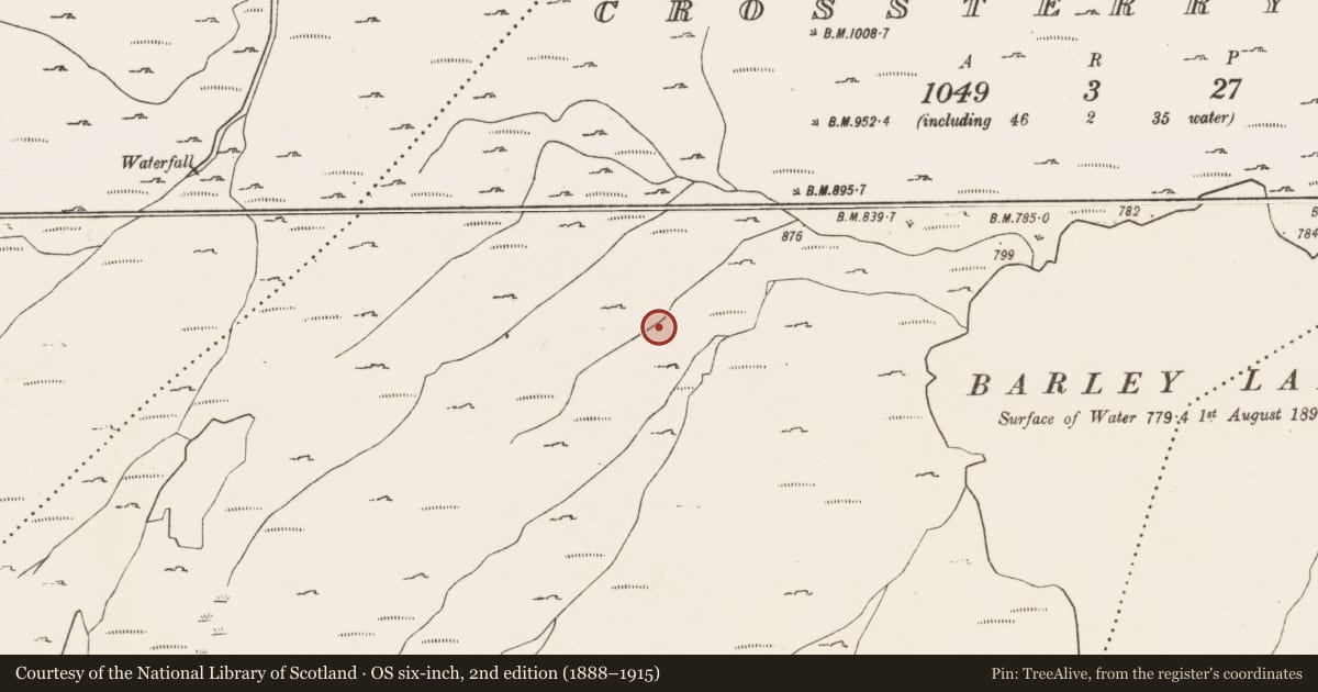 Ordnance Survey six-inch map, 2nd edition (1888–1915) covering the location of Hut site, Crossterry West, County Cork, with a pin at the register's coordinates