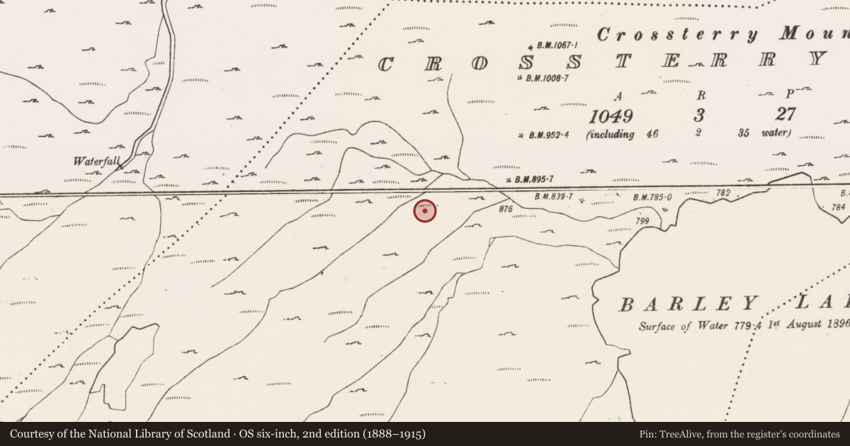 Ordnance Survey six-inch map, 2nd edition (1888–1915) covering the location of Hut site, Crossterry West, County Cork, with a pin at the register's coordinates