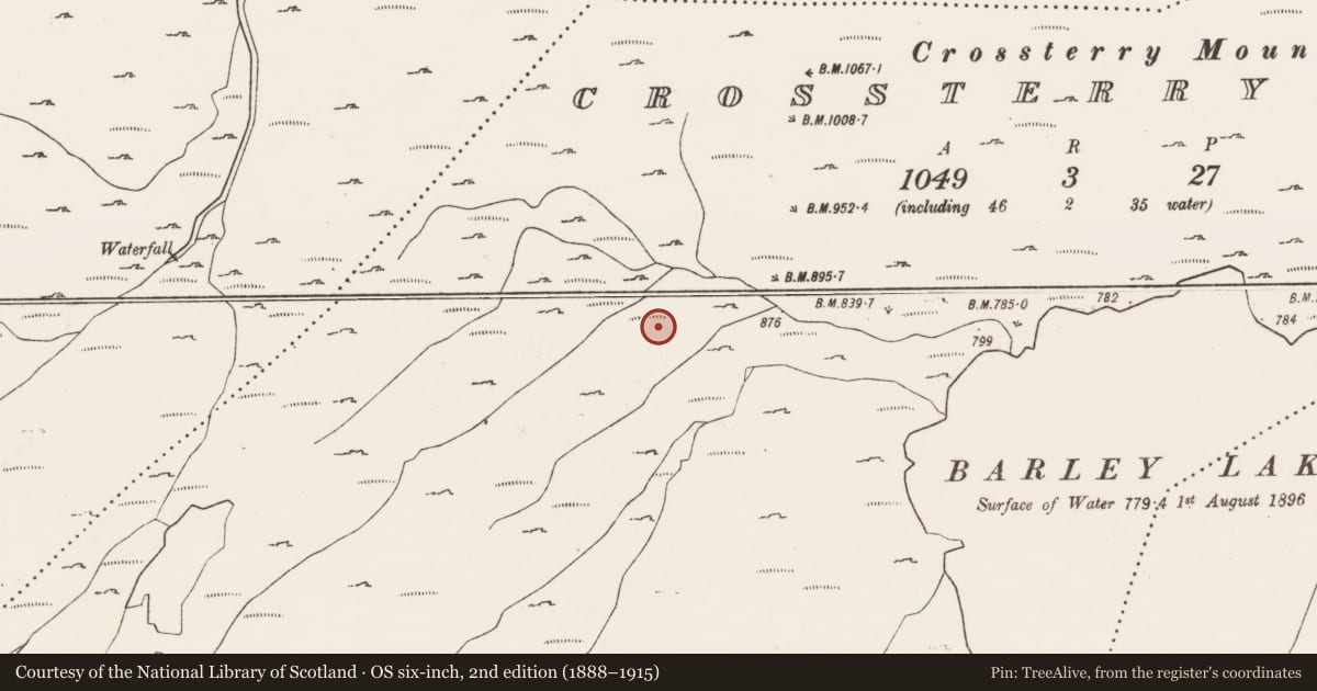Ordnance Survey six-inch map, 2nd edition (1888–1915) covering the location of Hut site, Crossterry West, County Cork, with a pin at the register's coordinates