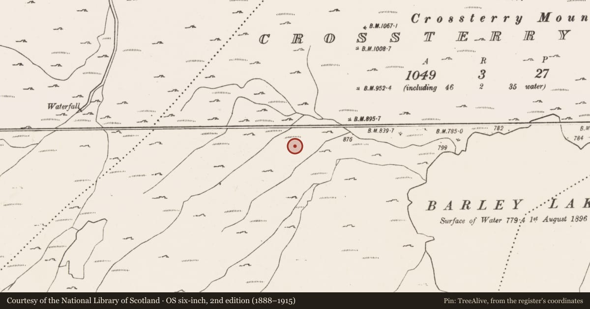 Ordnance Survey six-inch map, 2nd edition (1888–1915) covering the location of Hut site, Crossterry West, County Cork, with a pin at the register's coordinates