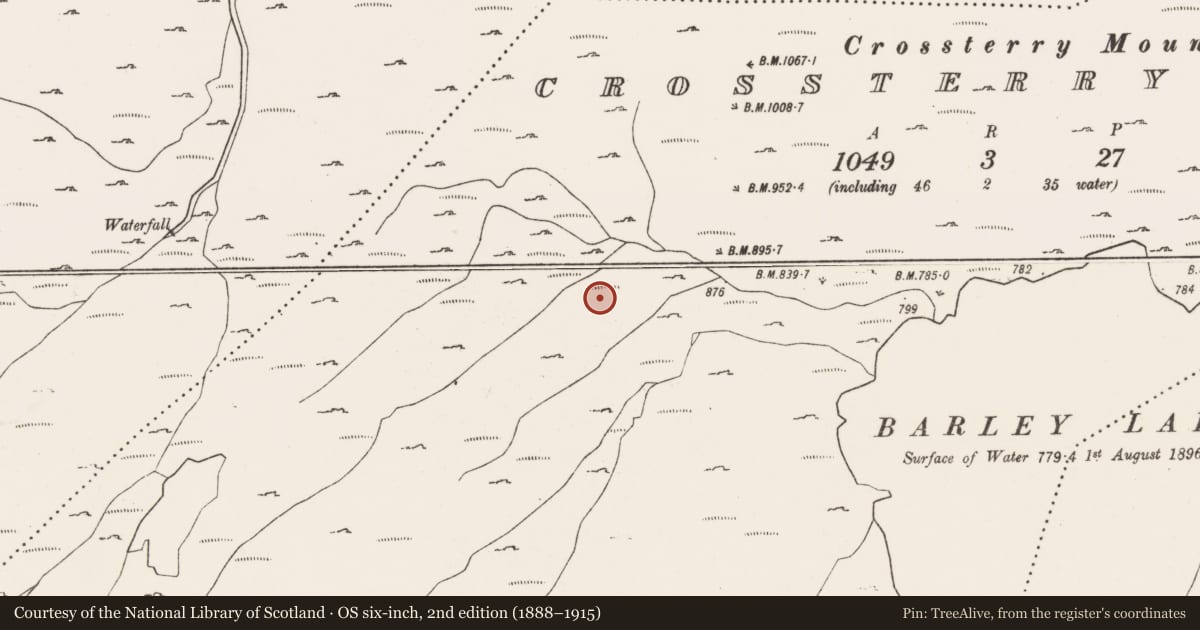 Ordnance Survey six-inch map, 2nd edition (1888–1915) covering the location of Hut site, Crossterry West, County Cork, with a pin at the register's coordinates