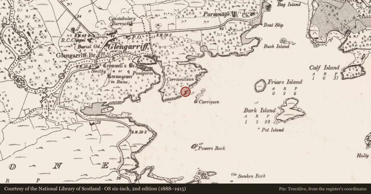 Ordnance Survey six-inch map, 2nd edition (1888–1915) covering the location of Midden, Monteensudder, County Cork, with a pin at the register's coordinates