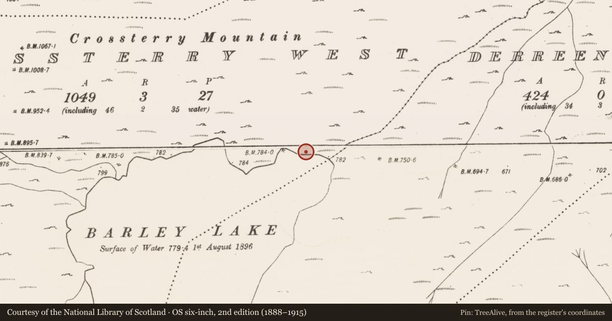Ordnance Survey six-inch map, 2nd edition (1888–1915) covering the location of Enclosure, Crossterry West, County Cork, with a pin at the register's coordinates