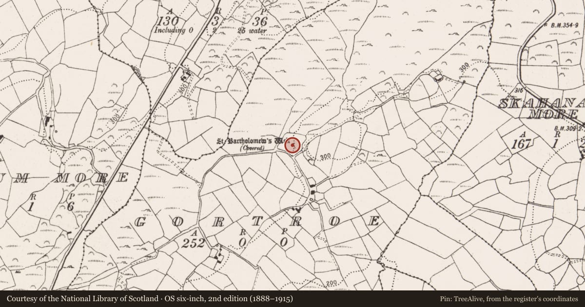 Ordnance Survey six-inch map, 2nd edition (1888–1915) covering the location of Ritual site - holy well, Gortroe, County Cork, with a pin at the register's coordinates