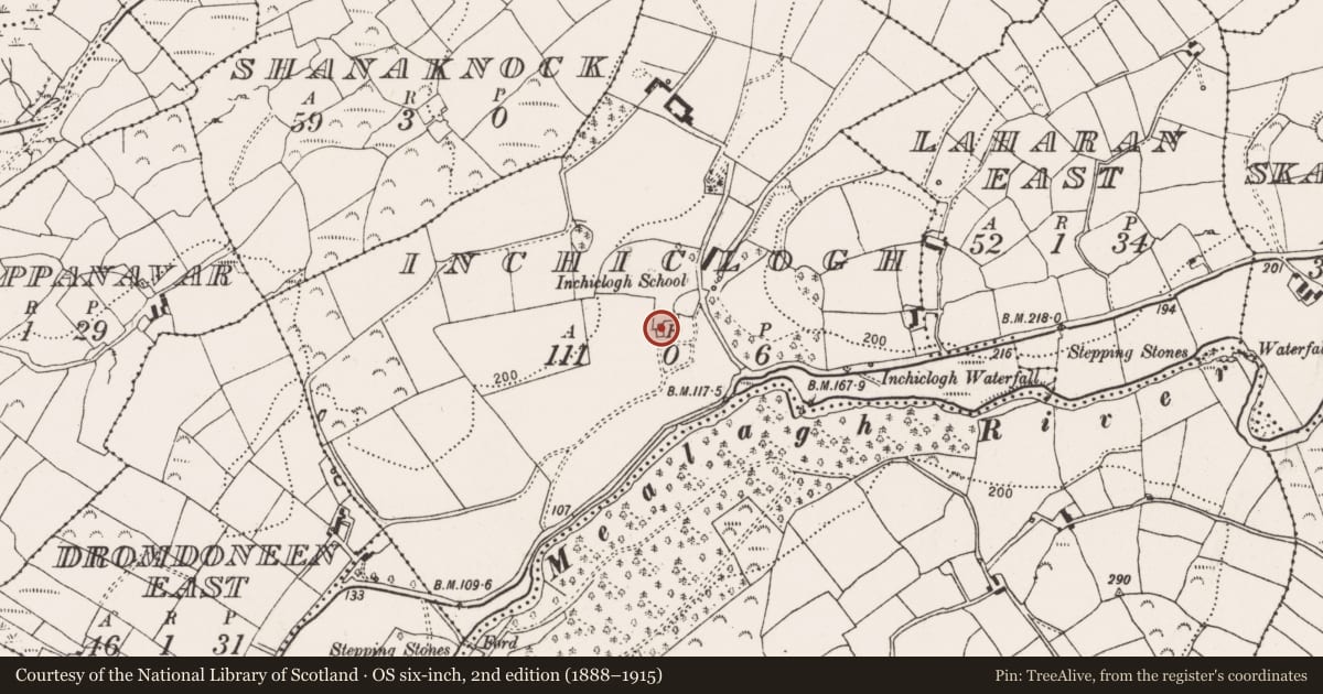 Ordnance Survey six-inch map, 2nd edition (1888–1915) covering the location of Country house, Inchiclogh, County Cork, with a pin at the register's coordinates