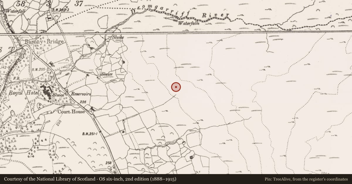 Ordnance Survey six-inch map, 2nd edition (1888–1915) covering the location of Enclosure, Dromgarriff, County Cork, with a pin at the register's coordinates