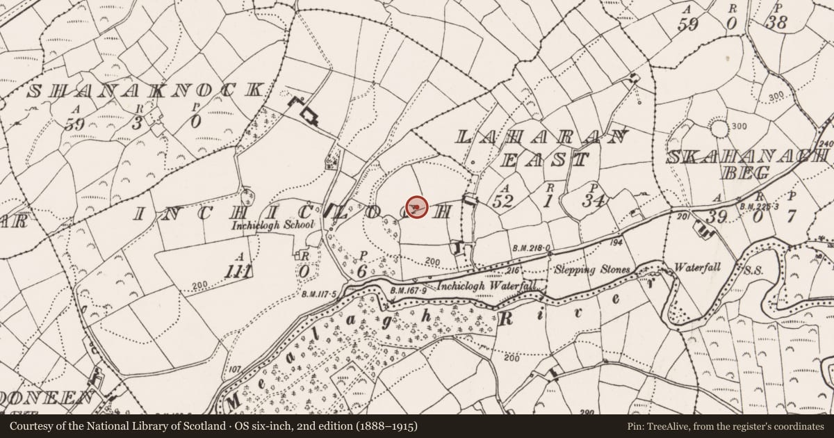 Ordnance Survey six-inch map, 2nd edition (1888–1915) covering the location of Church, Inchiclogh, County Cork, with a pin at the register's coordinates