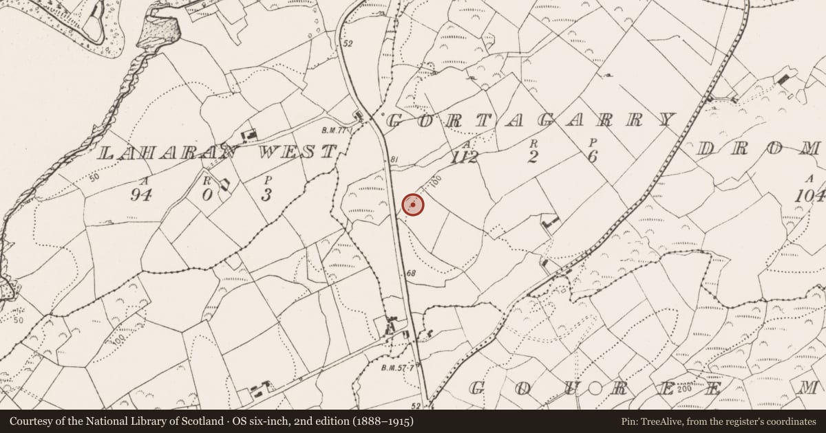 Ordnance Survey six-inch map, 2nd edition (1888–1915) covering the location of Souterrain, Gortagarry, County Cork, with a pin at the register's coordinates