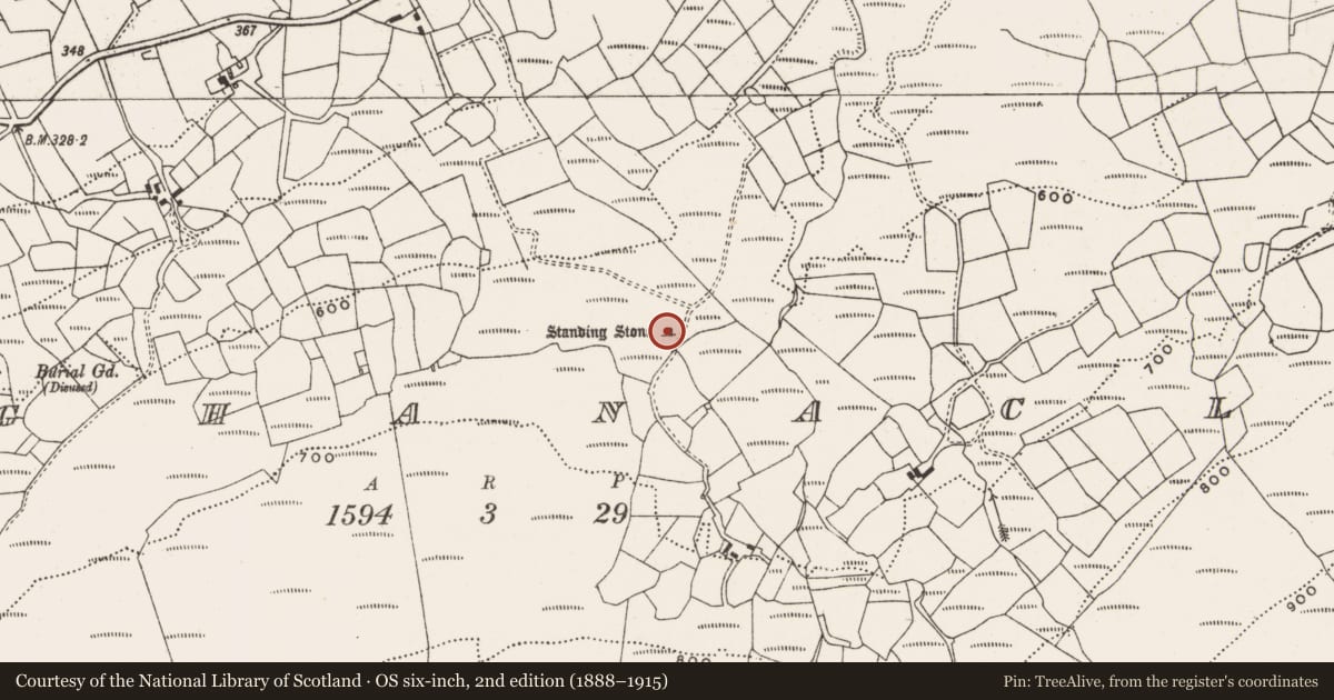 Ordnance Survey six-inch map, 2nd edition (1888–1915) covering the location of Stone circle - five-stone, Maughanaclea, County Cork, with a pin at the register's coordinates