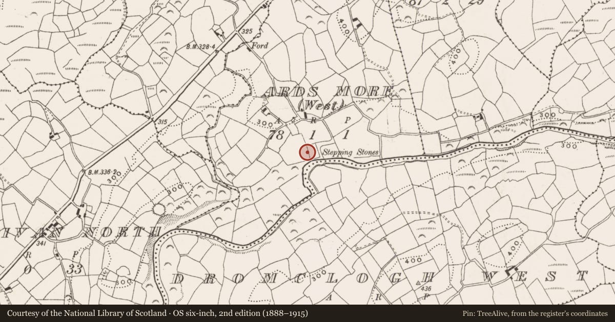 Ordnance Survey six-inch map, 2nd edition (1888–1915) covering the location of Burial ground, Ards More (West), County Cork, with a pin at the register's coordinates