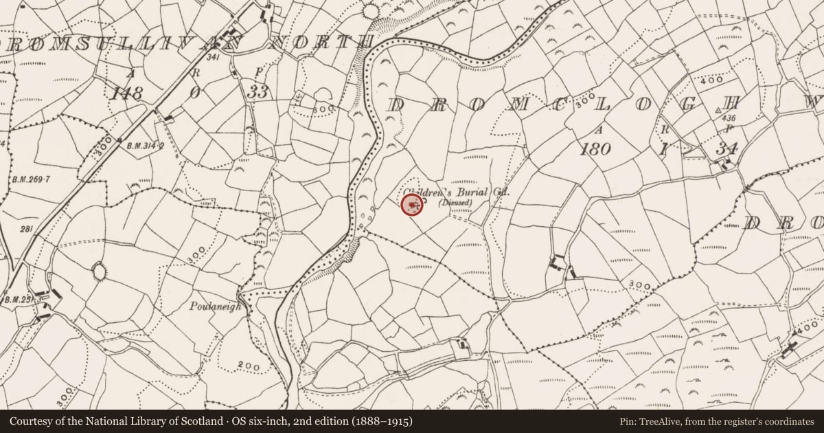 Ordnance Survey six-inch map, 2nd edition (1888–1915) covering the location of Burial ground, Dromclogh West, County Cork, with a pin at the register's coordinates