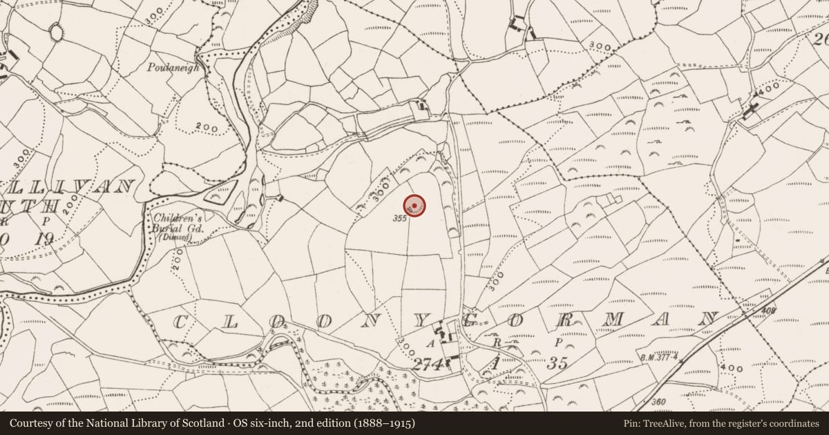 Ordnance Survey six-inch map, 2nd edition (1888–1915) covering the location of Ringfort - rath, Cloonygorman, County Cork, with a pin at the register's coordinates
