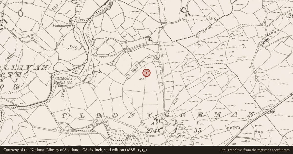 Ordnance Survey six-inch map, 2nd edition (1888–1915) covering the location of Souterrain, Cloonygorman, County Cork, with a pin at the register's coordinates