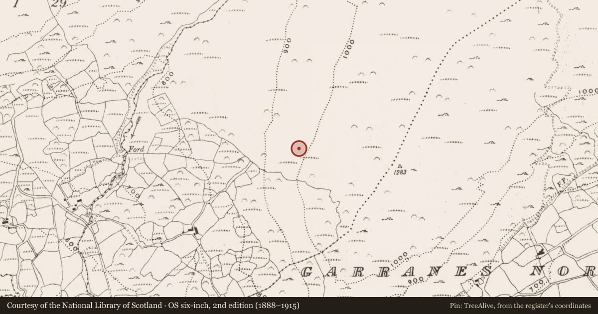 Ordnance Survey six-inch map, 2nd edition (1888–1915) covering the location of Enclosure, Derreenacrinnig East, County Cork, with a pin at the register's coordinates