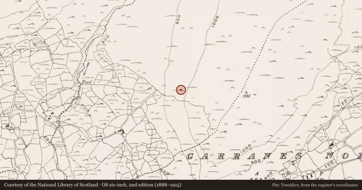 Ordnance Survey six-inch map, 2nd edition (1888–1915) covering the location of Hut site, Derreenacrinnig East, County Cork, with a pin at the register's coordinates