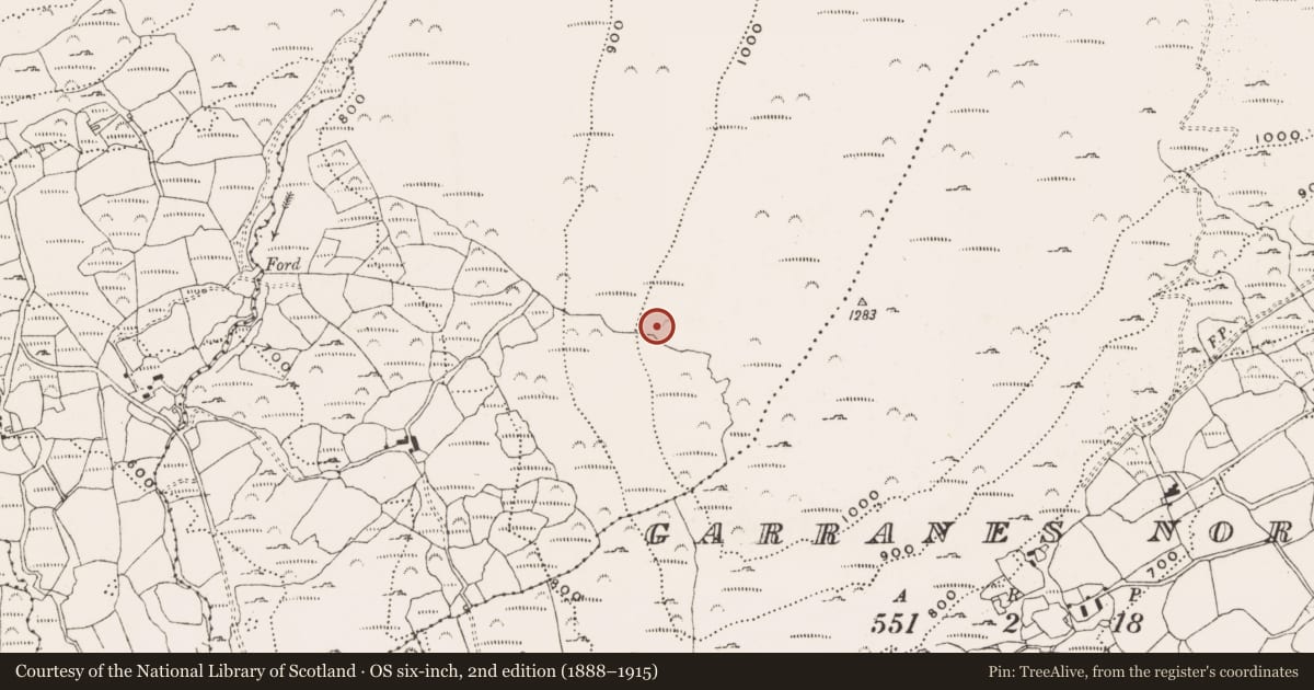 Ordnance Survey six-inch map, 2nd edition (1888–1915) covering the location of Enclosure, Derreenacrinnig East, County Cork, with a pin at the register's coordinates