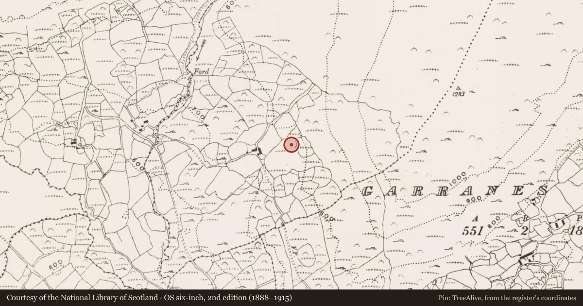 Ordnance Survey six-inch map, 2nd edition (1888–1915) covering the location of Enclosure, Derreenacrinnig East, County Cork, with a pin at the register's coordinates