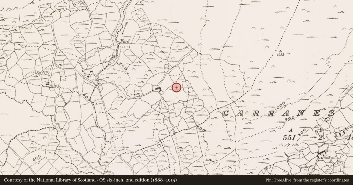 Ordnance Survey six-inch map, 2nd edition (1888–1915) covering the location of Enclosure, Derreenacrinnig East, County Cork, with a pin at the register's coordinates