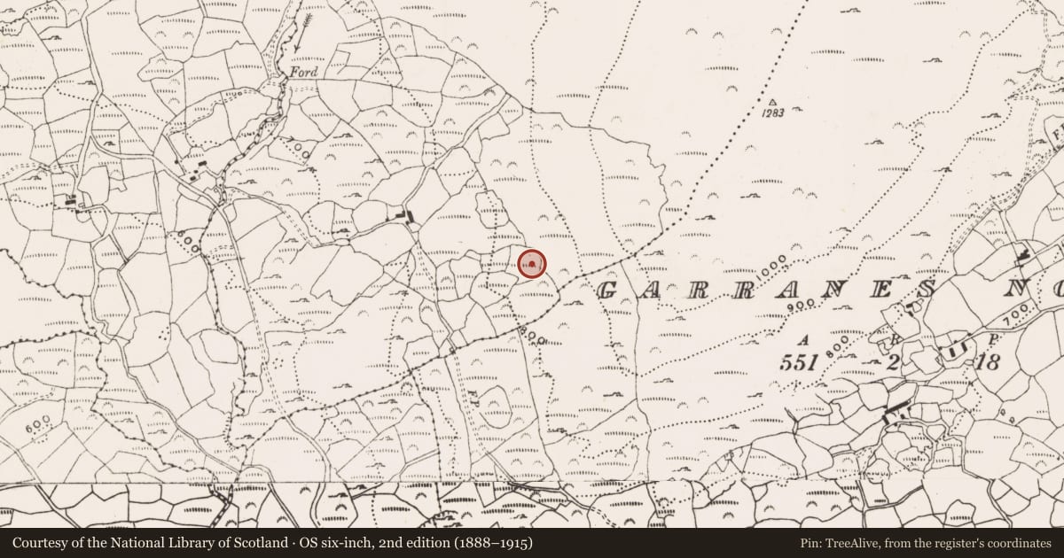 Ordnance Survey six-inch map, 2nd edition (1888–1915) covering the location of Enclosure, Derreenacrinnig East, County Cork, with a pin at the register's coordinates