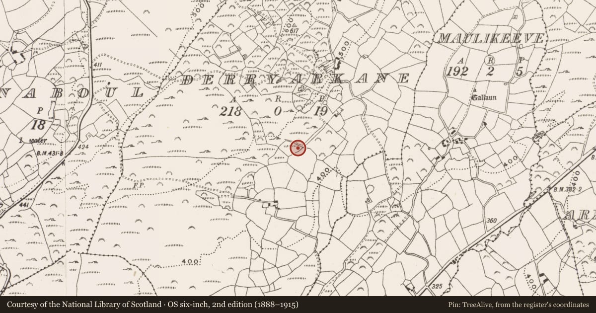 Ordnance Survey six-inch map, 2nd edition (1888–1915) covering the location of Fulacht fia, Derryarkane, County Cork, with a pin at the register's coordinates
