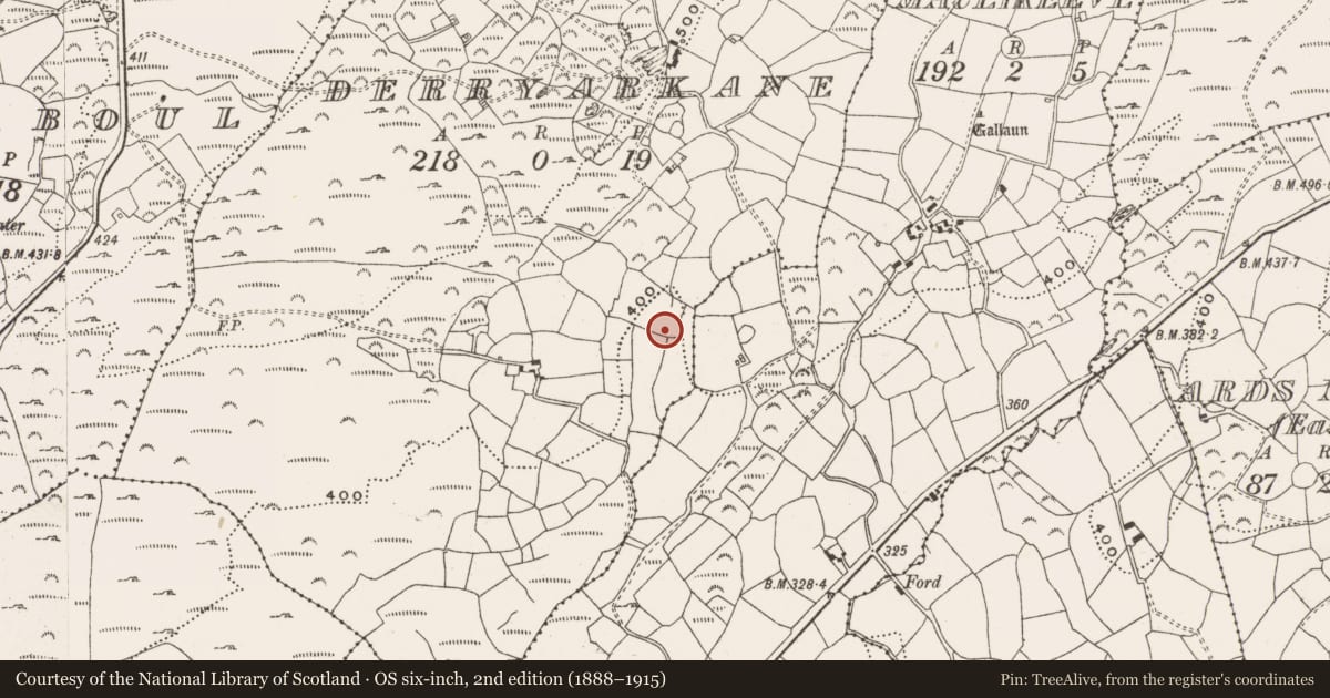 Ordnance Survey six-inch map, 2nd edition (1888–1915) covering the location of Fulacht fia, Derryarkane, County Cork, with a pin at the register's coordinates