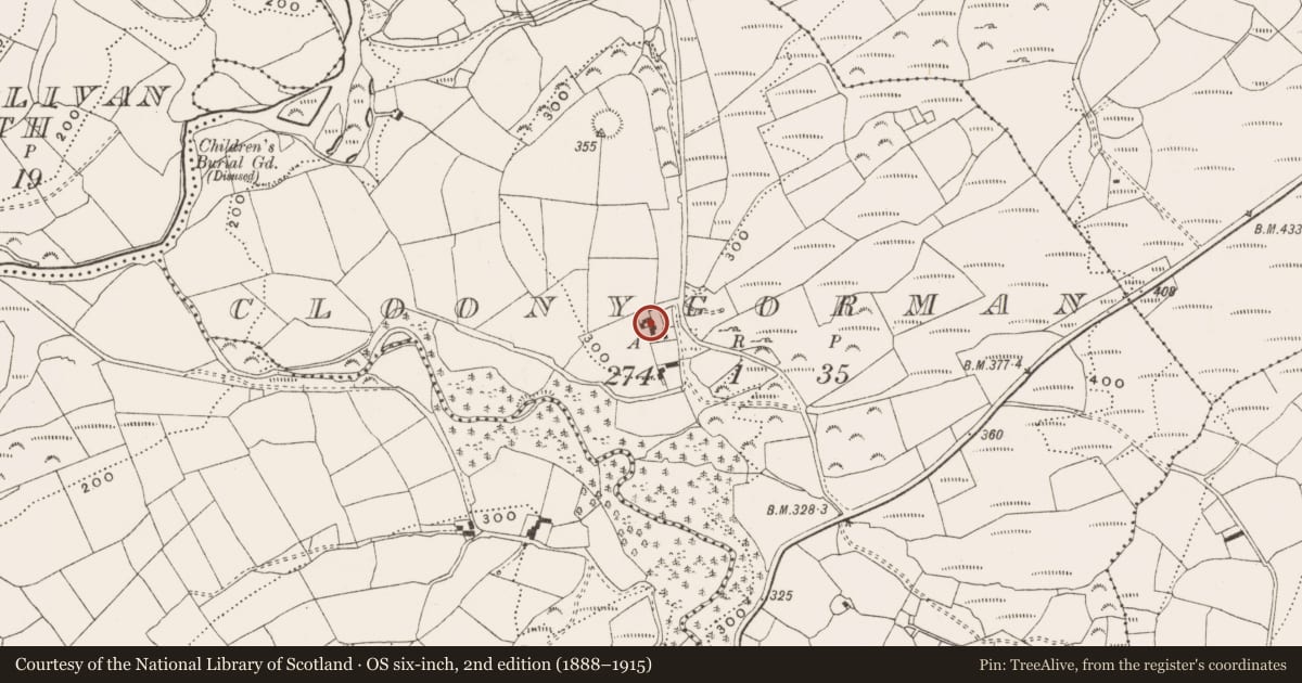 Ordnance Survey six-inch map, 2nd edition (1888–1915) covering the location of Souterrain, Cloonygorman, County Cork, with a pin at the register's coordinates