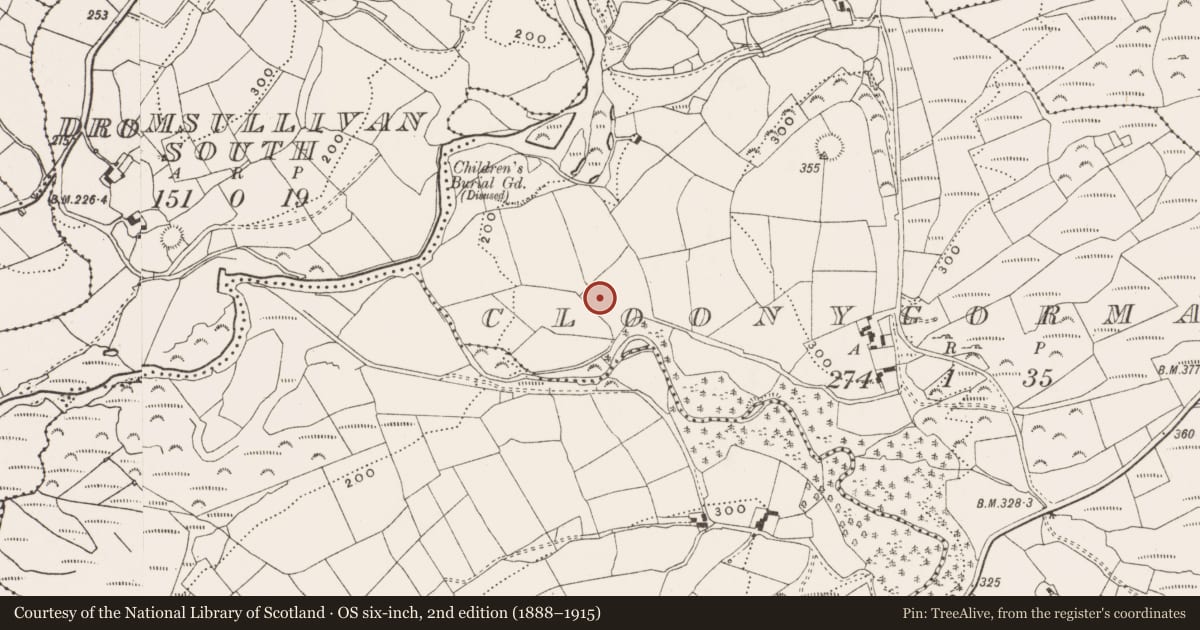 Ordnance Survey six-inch map, 2nd edition (1888–1915) covering the location of Souterrain, Cloonygorman, County Cork, with a pin at the register's coordinates