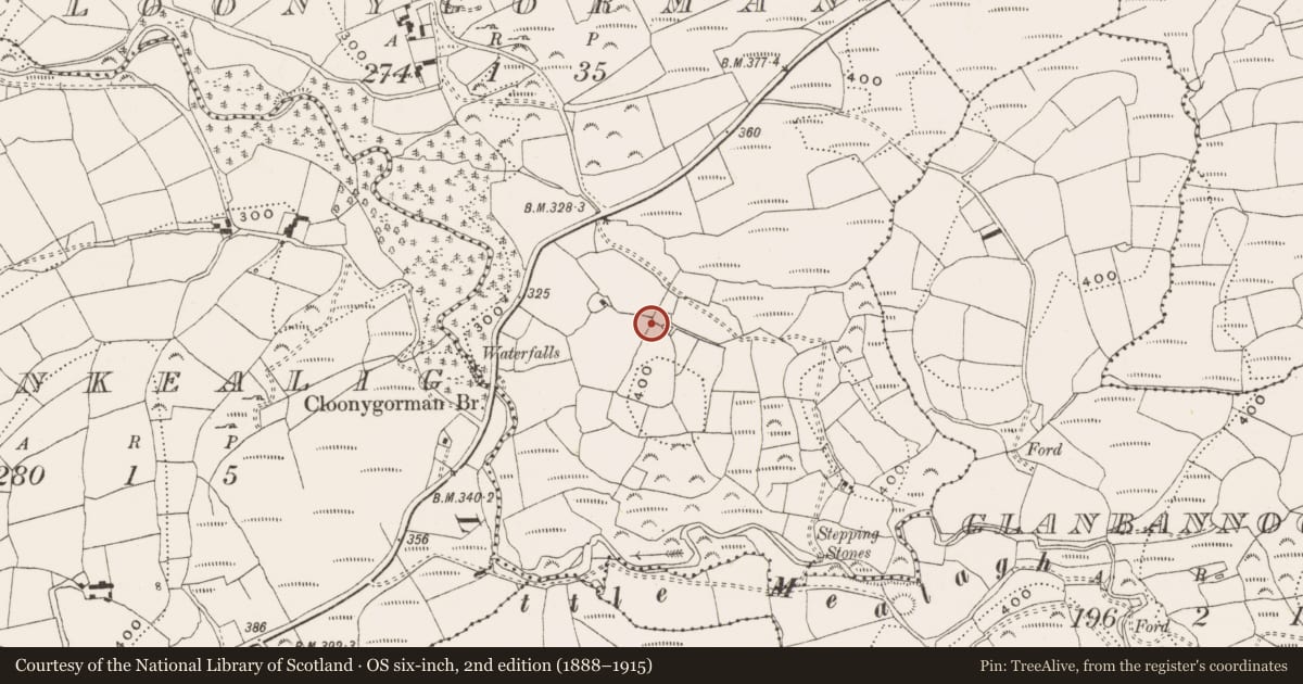 Ordnance Survey six-inch map, 2nd edition (1888–1915) covering the location of Souterrain, Cloonygorman, County Cork, with a pin at the register's coordinates