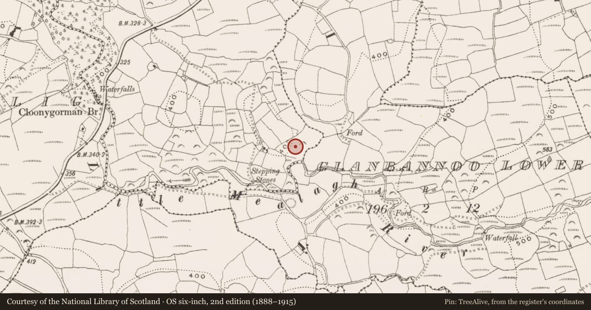Ordnance Survey six-inch map, 2nd edition (1888–1915) covering the location of Souterrain, Cloonygorman, County Cork, with a pin at the register's coordinates