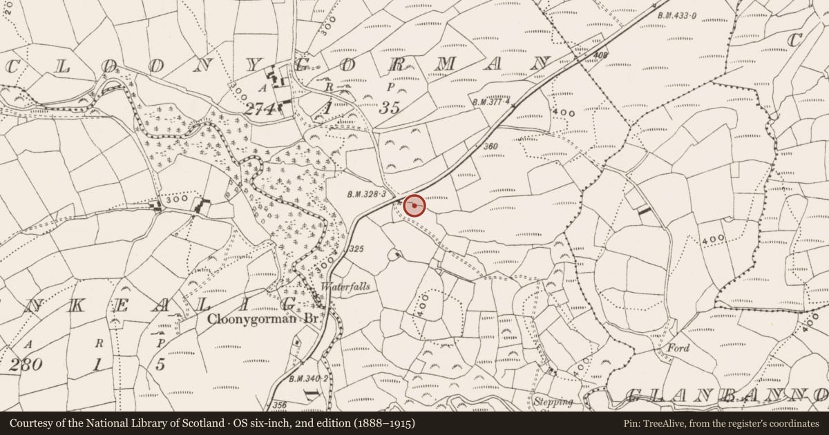 Ordnance Survey six-inch map, 2nd edition (1888–1915) covering the location of Burnt mound, Cloonygorman, County Cork, with a pin at the register's coordinates