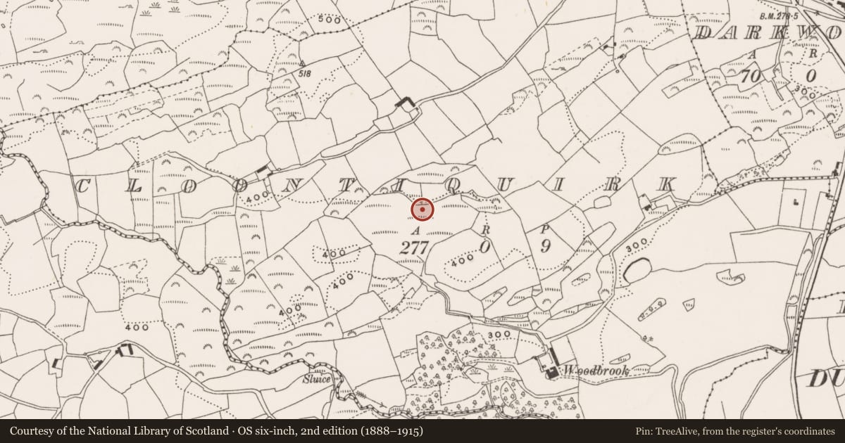 Ordnance Survey six-inch map, 2nd edition (1888–1915) covering the location of Standing stone, Cloontiquirk, County Cork, with a pin at the register's coordinates