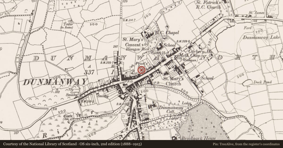 Ordnance Survey six-inch map, 2nd edition (1888–1915) covering the location of Mass-rock, Dunmanway North, County Cork, with a pin at the register's coordinates