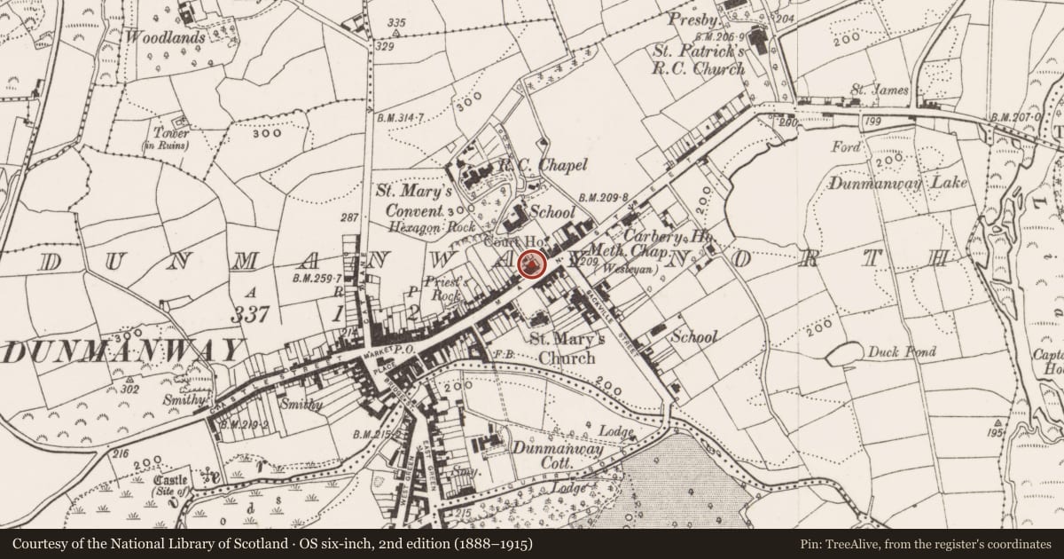 Ordnance Survey six-inch map, 2nd edition (1888–1915) covering the location of Prison, Dunmanway North, County Cork, with a pin at the register's coordinates